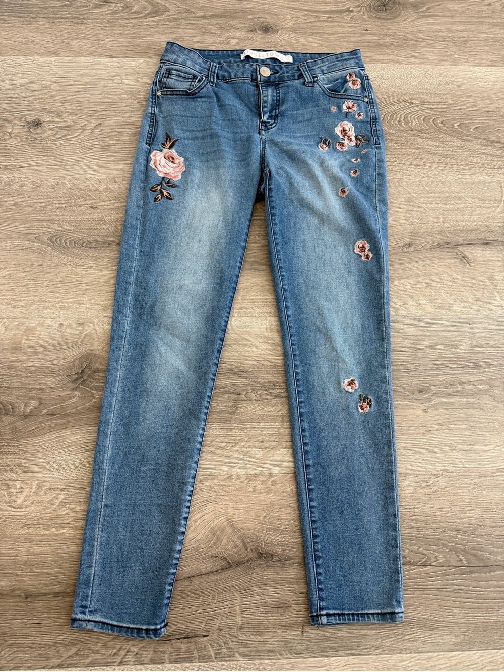 Tinseltown Womens Size 7 Floral Embroidered Skinny Jeans Stretch Blue Denim